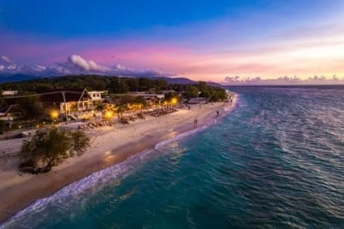 adrium Acryl-Bild 120 x 80 cm: Luftaufnahme des Strandes von Gili Trawangan bei Sonnenuntergang in Lombok, Indonesien (203498548)