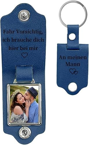 Porte-clés Personnalisé Photo En Acier Inoxydable Cuir Texte Porte-Clés Photo Pour Couples Famille Et Amis ête Des Mères Fête Des Pères Saint Valentin (bleu marine)