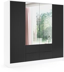 ALTDECOR Kleiderschrank mit Spiegel und selbstschließenden, Flügeltüren - NOA - 200 cm Weiß/Schwarz