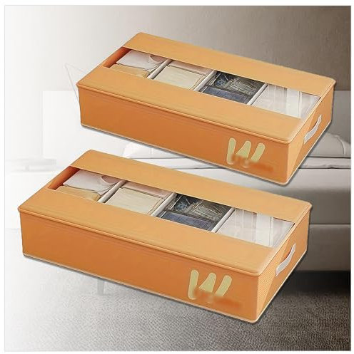 RYJYQYX Unterbettkommoden Faltbar mit 5 Verstellbaren Trennwänden, Unterbettkommode mit transparenter Deckel, Bettkasten Aufbewahrung für Schuhe,Kleidung,Stiefel,Spielzeug,Taschen,Orange-2Pcs