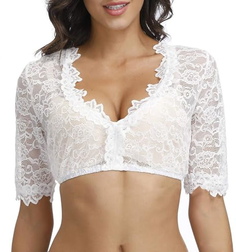 Hanaoops Classic Oktoberfest Dirndl Blouse Women's Lace Dirndl Blouse Elegant Half Sleeve V Neck Traditional Dirndl Blouse White