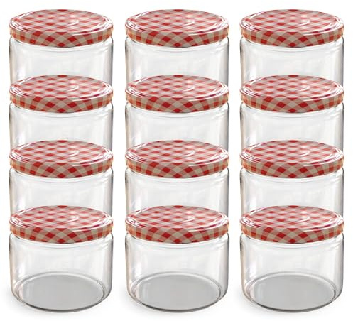 Oputec 12 x 282 ml Einmachgläser mit Schraubdeckel rot kariert – Perfekt für Marmeladen, Konfitüren und mehr, kleine Gläser mit Deckel, ideal als Marmeladengläser und Dip-Schraubgläser