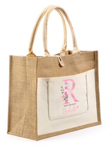 Presentimental Personalisierte Damen Jutetasche mit Namen Geburtstagsblumen Jute Shopper Bag Frauen Jute Tote Bag Einkaufstasche Geschenk für Frauen Geburtstage Hochzeit (#3)