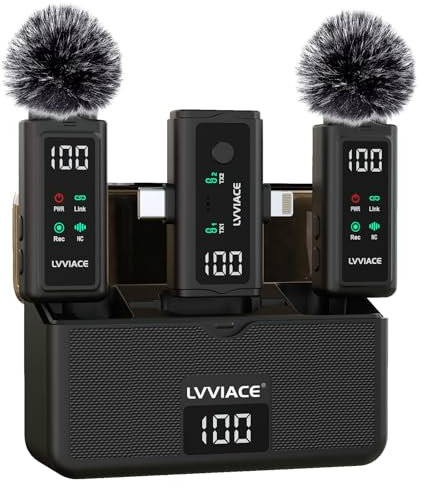 LVVIACE 3-in-1-Lavalier Mikrofon für iPhone, Android, Kamera,kabelloses Lavaliermikrofon, Geräuschunterdrückung mit 45-Stunden-Sender, Digitalanzeige, Ladeetui für Videoaufnahmen, Streaming