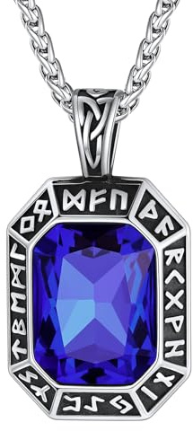 ChainsHouse Rune Kette für Herren Damen Edelstahl Halskette Wasserfest | Wikinger Rune Anhänger mit Onyx/Rubin/Smaragd/Saphir Stein, Schutz Amulett Schmuck für Männer Frauen