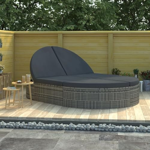 LVHUIDEH Doppel Gartenbett mit Kissen, Ovale Sonneninsel, Freizeitbett, Outdoor Sonnenliege, 2 Personen Gartenliege, Polyrattan Liegestuhl für Pools Garten Terrasse, 198 x 138 x 28 cm