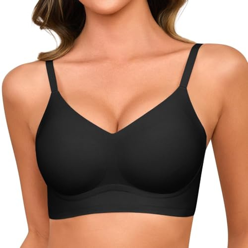 Lonya BH för kvinnor icke trådbunden sömlös komfort stöd full täckning push-up v-ringad mjuk vadderad trådlös bralette-t-shirt noll känsla sömn vardags-bh, Svart, L