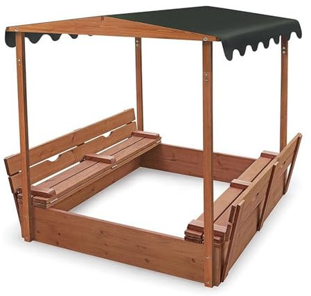 Wooden Sandbox with Cover and Adjustable Canopy Outdoor Play Equipment for Backyard Fun Large 46.5x46.5x57.1in Size