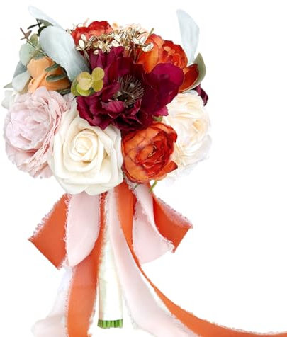 LCiclly 19,1 cm kleine Hochzeitssträuße für Braut, Brautjungfer, gebranntes Orange, Burgunderrot, Rose, Brautstrauß, Terrakotta, Herbst, Hochzeit, künstliche Seidenblume, Boho, rustikale Zeremonie