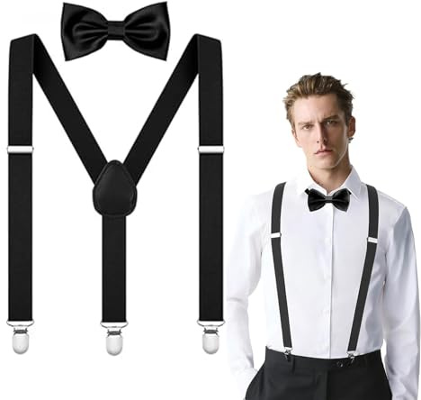 Hosenträger Herren, Hosenträger 2,5cm Y-Form Elastisch Verstellbar, Fliege 12x6cm Set, Fliege Herren Klassisch Anzug Hemd, Hochzeit Gala Business Casual
