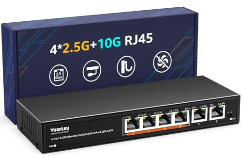 6-port 10G Ethernet-switch ohanterad, 4 x 2,5 G Base-T-portar, 2 x 10 Gb RJ45-portar, kompatibel med 100/1000/2500 Mbps, metall, fläktlös, VLAN, YuanLey 2,5 Gbe nätverksswitch för 2,5 G/10 G NAS, AP
