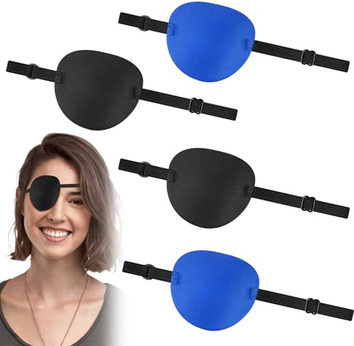 FLEXNOVA Augenklappe, 4 Stück Augenklappe Pirat mit Verstellbarer Schnalle, Konkaves 3D-Design Piratenklappe Erwachsene Kinder Eye Patch für Amblyopie Strabismus Erholungsphase nach Operationen