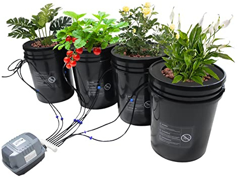 DRFGHK Hydroponische Gartensysteme, 2-in-1 DWC Hydroponik-Anbausystem mit 5-Gallonen-Tiefwasserkultur, Umwälz-Tropfgartensystem mit Top-Tropf-Kit, Luftpumpe, 4 Eimern, für drinnen und draußen