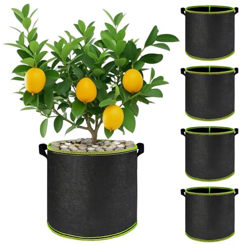 Sahunfri 4-Pack 5 Gallon Grow Bags - Heavy Duty Plant Grow Bags, Potato, Flower Grow Bag with Handles, Breathable Fabric Pots for Tomatoes, Vegetables, Flowers (25x30cm, Black)