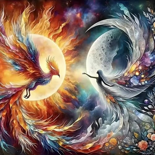 5D Diamond painting-Malerei Phoenix für Erwachsene, Sun and Moon diamond painting,DIY Diamant-Kunst-Set,Komplettes rundes Diamant-Malset, Phönix Diamantmalerei für Wanddekoration zu Hause, 30x30 cm