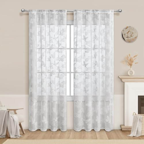 2er Set Weiße Spitze Gardinen Vorhang Blumen Schmetterling Druck Gardinen Voile Dekoschal Ösenvorhang Halbtransparente Ösenschal Fensterschal für Schlafzimmer Wohnzimmer Bauernhaus,100x200cm(BxL)
