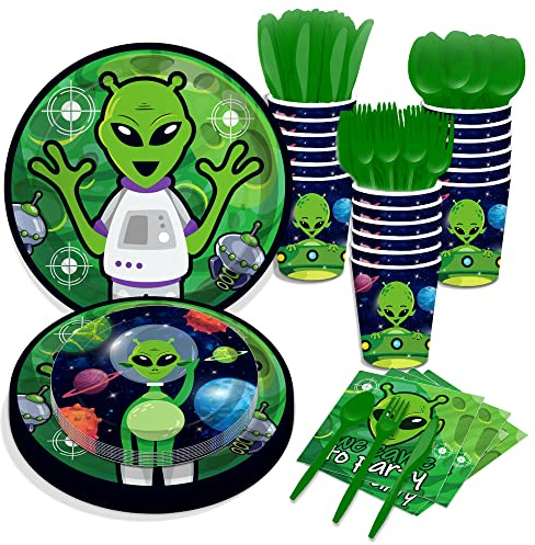 93 PCS Alien Disposable Tableware Set for 8 People, UFO Theme, Includes Plates, Cups, Straws Knives Forks Drinking Tissues, Suitable for Raw Theme Party Drinking Outdoor Picnic