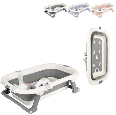 XUANYU Baignoire Pliable avec Thermomètre à eau et Tapis de Bain Bébé, Baignoire Bebe sur Pied Antidérapant, Bassine Bebe Portable et Confortable, Baignoire de Voyage pour Nouveau-nés (Gris)