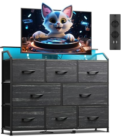 WLIVE Kommode mit Schubladen, komode Schlafzimmer mit 8 Stoffschubladen | Kommoden & Sideboards mit LED und Ladestation, Holzplatte und Stabiles Stahlgestell für Wohnzimmer, Anthrazit Holzdekor