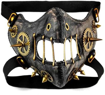 OhMill Masque de Fête Steampunk Masque à Rivet Médiéval Halloween Adulte Couvre-Visage en Cuir PU Personnalisé avec Chaînes Clous Accessoires de Costume Punk pour Bal Masqué Carnaval Pâques Cosplay