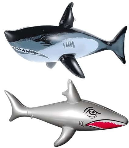 2 Pcs Inflatable Toys 31.5(80CM) Shark Inflatables Pool Float Durable PVC Water Toy, Shark Pool Tube, Realistic Sharks Inflatable, Beach Toys for Hawaiian Beach Party, Birthday Decors(Silver & Black)