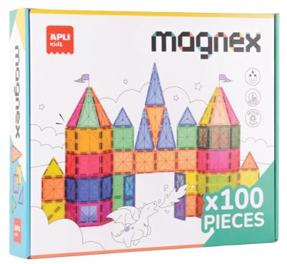 APLI Kids 20138 - Magnex Magnetic Building Set 100 stycken | 3D-set för barn 3+ | Färgglada magnetiska geometriska flikar | Steam pedagogisk leksak för kreativitet och kognitiv utveckling