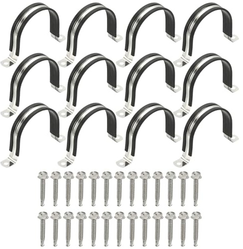 PATIKIL 12Pcs Pipe Clamps, 3 Inch 304 Stainless Steel Rubber Cushioned U Bracket Conduit Clamps Pipe Strap Wire Clips with Hexagonal Screw for Tube Hose Cord Installation, 77mm