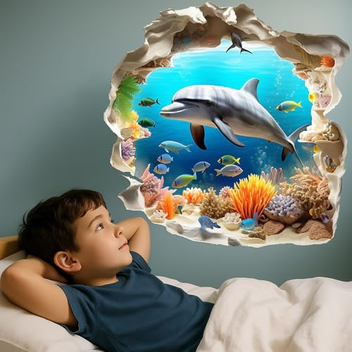 3D Under The Sea Wall Stickers, Dolphin Fish Wall Decals, Removable Self Adhesive Wallpaper, for Kids Boys Baby Nursery Bedroom Bathroom Mall, Wall Door Glass Decoration, 3D Broken Ocean World Theme