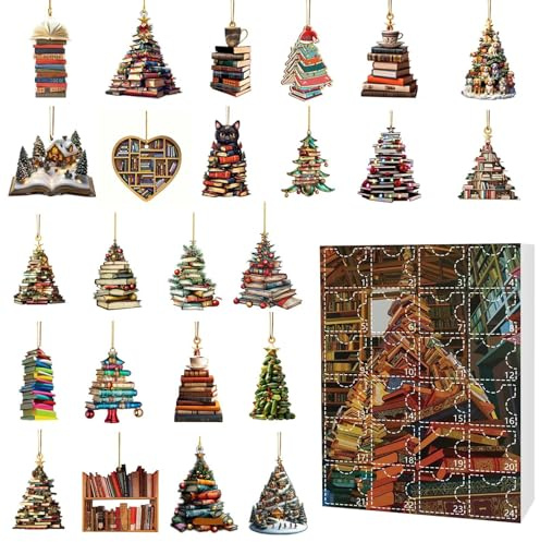 Buch-Adventskalender, 24 Tage Weihnachts-Countdown-Kalender mit 2D-Acryl-Bücherregal-Ornamenten, flache Bücher Stapel Baumschmuck für Zuhause, Bibliothek, Büro, Weihnachtsbaumdekoration, Geschenke