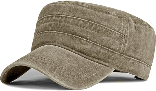 HIQUACC Military Cadet Army Caps for Men Women Washed Vintage Flat Top Hat Unisex Cotton Baseball Cap (Khaki)