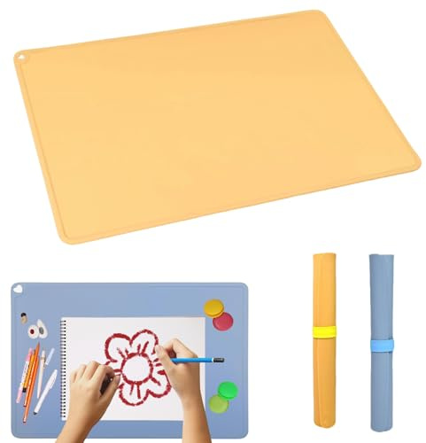 Vauki 2 Stück Silikon Malunterlage 60x40cm mit Magnetischer Absorptionsclip – Antihaft, waschbare Bastelunterlage, Harz, Painting, Knete, ideal als Schreibtischunterlage (Gelb + Blau)