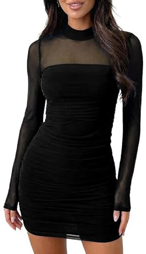 Sukiglam Vestito Donna Elegante Maniche Lunghe Collo Alto Sexy Mini Abito a Rete Trasparente Casual Vestito Corto Autunno Inverno Tubino Aderente con Arricciatura per Festa Discoteca Sera Cocktail