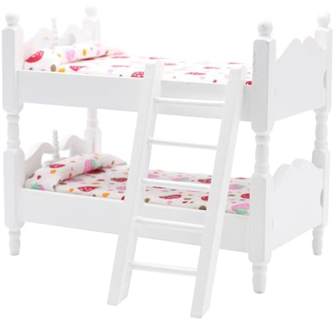 Otbushit 1:12 Scale Doll Bunk Bed Wooden Dollhouse Bed with Ladder Floral Beddings DIY Furniture White
