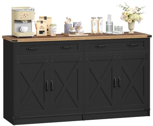 Hzuaneri Meuble Cuisine, Buffet à 1 Tiroir, Meuble de Rangement à 2 Portes, Étagères Réglables, Style Cottage, Cuisine, Salon, 40 x 140 x 80 cm, Noir et Marron Miel, SC94806X
