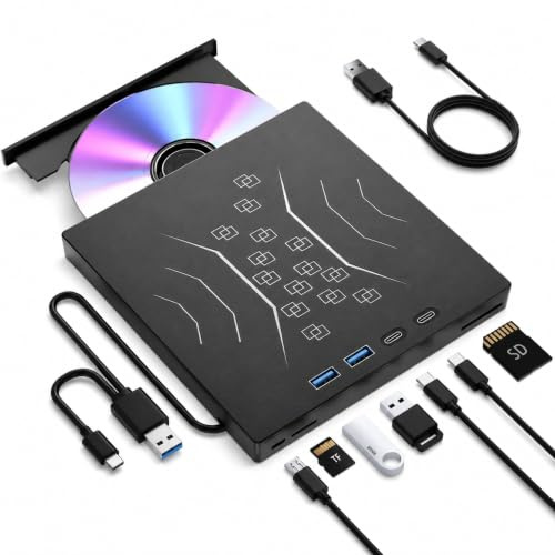 Wbacon Unidad Blu Ray externa 7 en 1, compatible con reproductor Blu Ray portátil de disco R/W de 100 G con USB 3.0 tipo C, grabadora de CD y DVD, Blu Ray 3D con puerto SD/TF, quemador Blu Ray