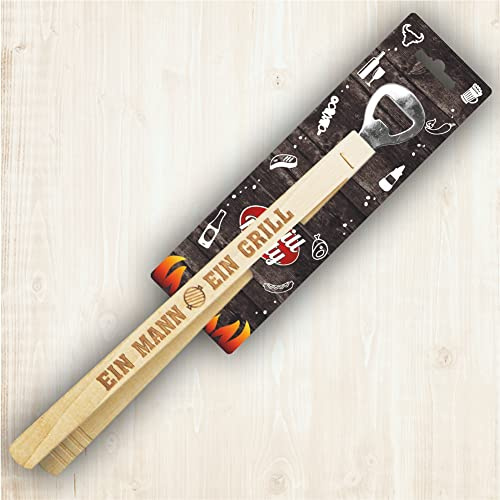 AV Andrea Verlag Grillzange mit Flaschenöffner - EIN Mann EIN Grill - Echt Holz ca. 35 cm lustiger Spruch Motiv Gravur hochwertig gelasert das perfekte Männerwerkzeug Geschenkidee
