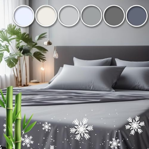 Vegan Silk - Cooling Bedsheet Set - Queen Size, 75% Viscose Derived from Bamboo, 25% Modal, Gray - Cool & Moisture Wicking for Hot Sleepers - Ultra Soft for Restful Sleep & Luxurious Feel