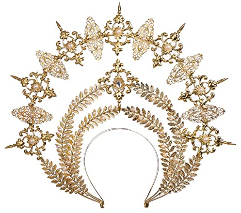 BPURB Barock Frauen 4 Etagen Gold Heiligenschein Krone Maria Göttin Stirnband Halloween Verkleidung Kostüm Kopfschmuck (Gold)