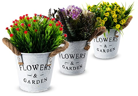 Coradoma Kunstblumen im Topf 3er Set Weiß Künstliche Pflanzen Dekoration | Wohnzimmer Deko modern Küchendeko Blumen | Kunstpflanze Sukkulente Fensterbank Schreibtisch Wanddeko Büro