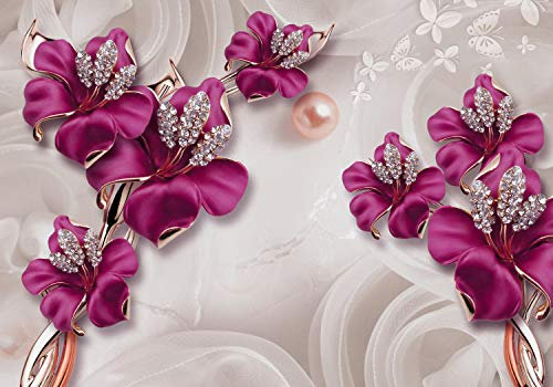 wandmotiv24 Fototapete Rosa Abstrakte Blumen, 400 x 280 cm - selbstklebende Strukturtapete, Wanddeko, Wandbild, Wandtapete, Schmetterlinge, Diamanten, Modern M2005