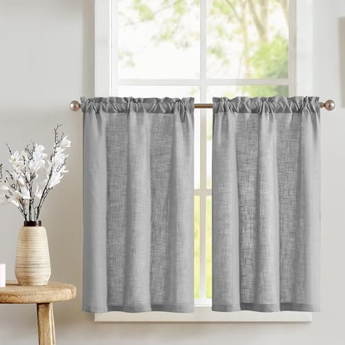 TOPICK Scheibengardinen Grau Leinenoptik Bistrogardine für Wohnzimmer Küche Kleine Fenster Lichtdurchlässig Küchenvorhänge Kurz Gardinen Moderne Landhaus Scheibengardinen Tunnelzug 2er Set 65x60 cm