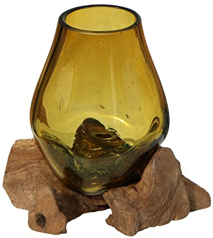 Wogeka - Braune Glas-Vase Ø 11 cm auf Wurzel-Holz - Handarbeit als Geschenk-Idee zu Weihnachten Geburtstag als Deko Glas XS.br