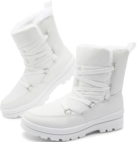 Rominz Women's Winter Snow Boots Waterproof Black Fur Lined Warm Mid Calf Boots for Women Non-Slip Ankle Boots White Lace-Up Platform Boots(White,US11)