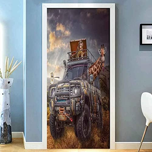 Türtapete Selbstklebend Türfolie Türposter 3D Auto Tier Giraffe Vinyl Folie Türdeko Tapete Wandbild Türaufkleber Türtattoo - 90 X 200 Cm Kinderzimmer Wohnzimmer Schlafzimmertür Foto Dining Room