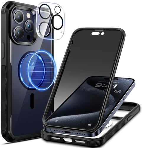 seacosmo Magnetic for iPhone 15 Pro Max Case with Privacy Screen Protector | Compatible with MagSafe, Camera Lens Protector, Full Body Bumper Military-Grade Drop Protection Shockproof Phone Cover, Black