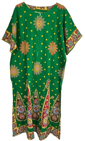 Kiran Fashion damer 100 % bomull lång kaftan klänning sommar etniskt tryck strandskydd en storlek, gRÖN, en storlek