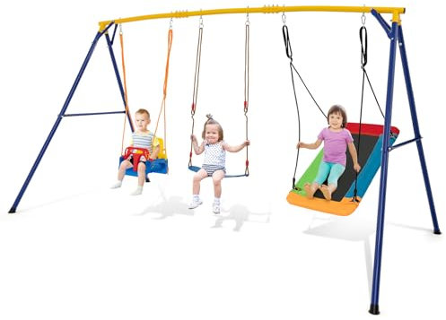 COSTWAY Heavy Duty Metal Swing Set With Platform, Belt and Baby Seats - Indoor Outdoor Playground Playset for Kids Toddlers