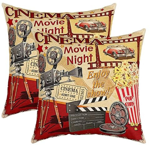 Juego De 2 Fundas De Colchón Antiarrugas Suave Funda De Almohada Linda Fundas De Cojín para Coche Patio Jardín 45X45Cm Cine Vintage Mostrando Cartel Cine Coche Palomitas Aperitivos Estilo Antiguo
