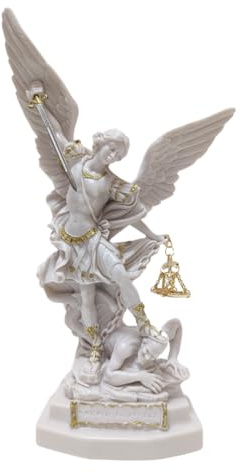 OVUNQUE PROTEGGIMI Statua di San Michele Arcangelo in polvere di marmo bianco, Con spada e bilancino (22 cm)