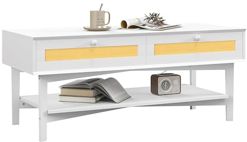 HOMCOM Tavolino da Caffè Rettangolare con 2 Cassetti e Ripiano, Tavolino Basso Boho in Rattan e Legno, 120x50x50 cm, Bianco e color Legno